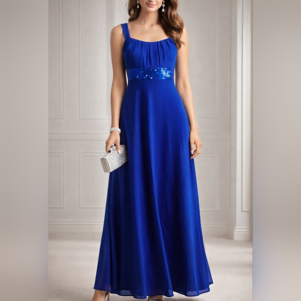 Calvin Klein Satin Cobalt Blue Sequin Waist Gown Size 6 Formal Maxi Dress